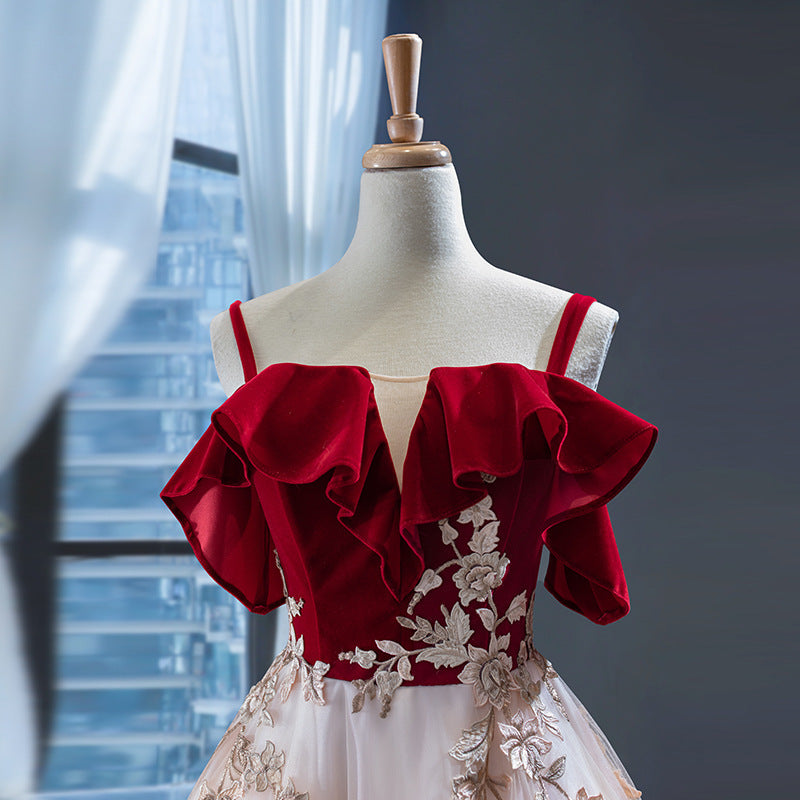 Spaghetti Strap Velvet Tulle Prom Dress Long Formal Dress Party Gown 231