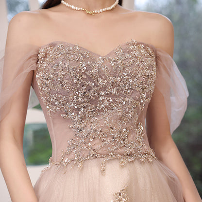 Off Shoulder Sequins Prom Dress A Line Tulle Formal Party Gown 667
