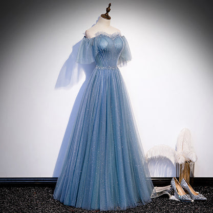Off Shoulder Blue  A Line Tulle Prom Dress Shiny Forma Evening Gown 640