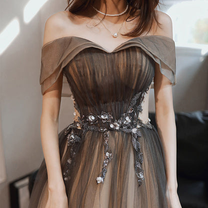 Gradient Coffee Off Shoulder Tulle Prom Dress A Line Long Evening Party Gown 616