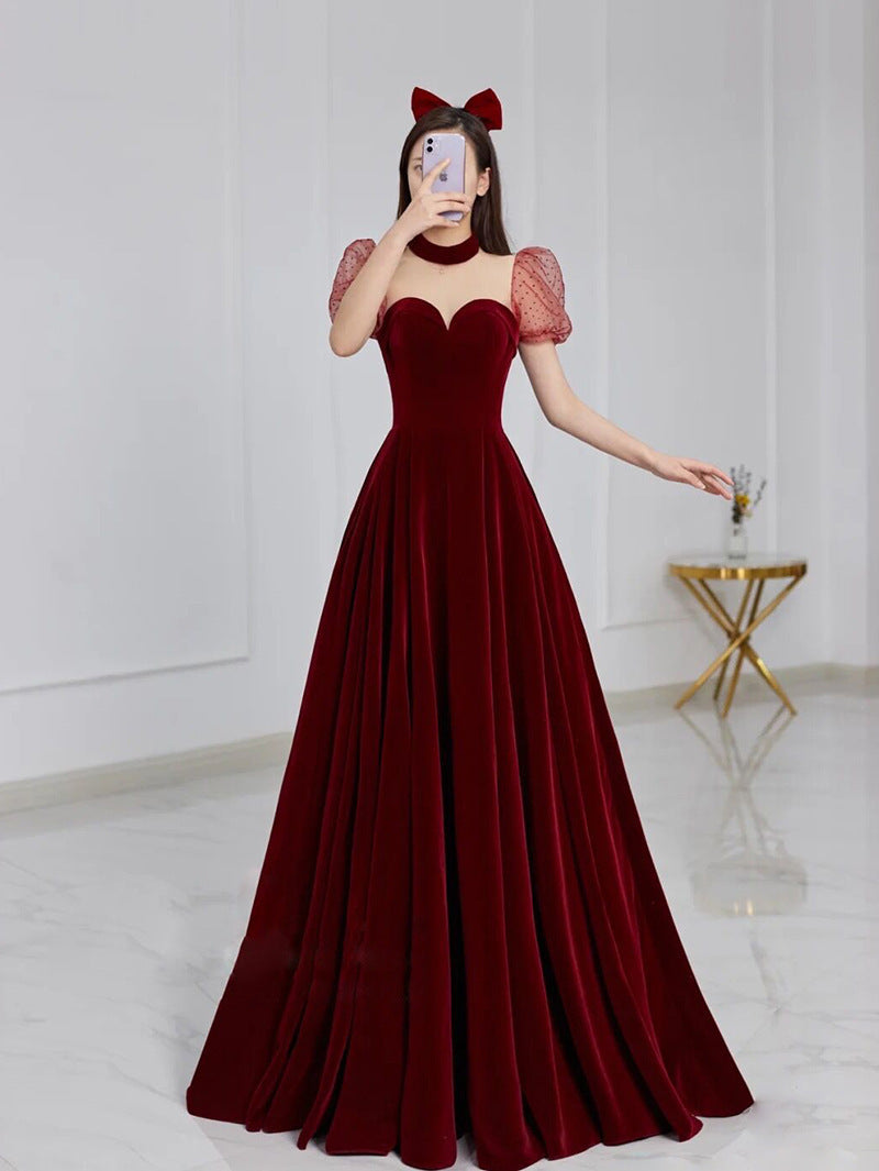 Cute Burgundy A Line Velvet Prom Dress Puff Sleeves Formal Evening Gown 515
