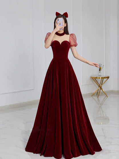 Cute Burgundy A Line Velvet Prom Dress Puff Sleeves Formal Evening Gown 515