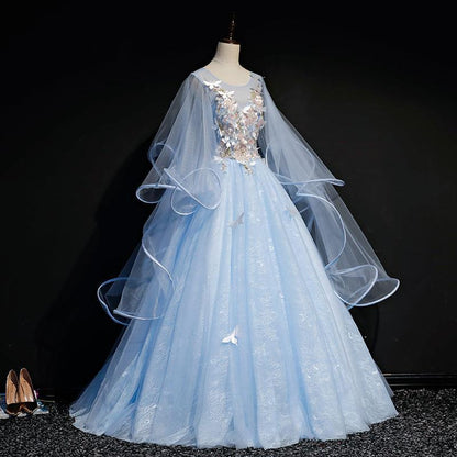 Blue Long Sleeves Ball Gown with Butterfly Sweet 16 Birthday Party Dress 206