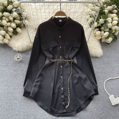 Satin Shirt Women's Loose Chain Mid-length Ruffled Shirt Skirt 485