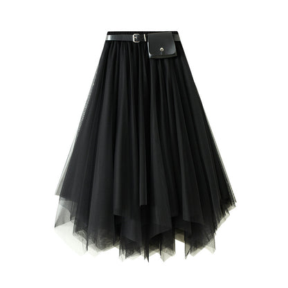 Irregular Mesh Skirt Mid-length Black Swing Skirt Fairy Skirt  770