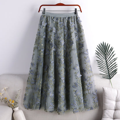 Mesh 3D Butterfly Skirt Elastic Waist Mid Length Skirt Women 735