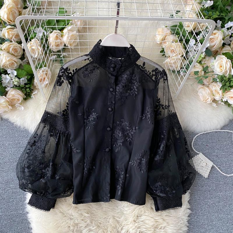 French Retro Mesh Lace Top Stand Collar Embroidered Puff Sleeve Shirt 832