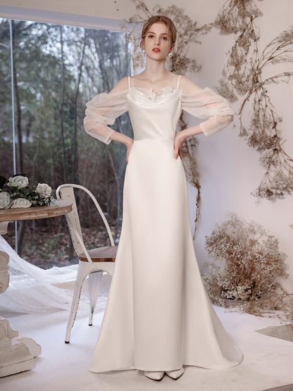 Simple White Long Sleeves Wedding Dress V Back Long Evening Prom Dress 191