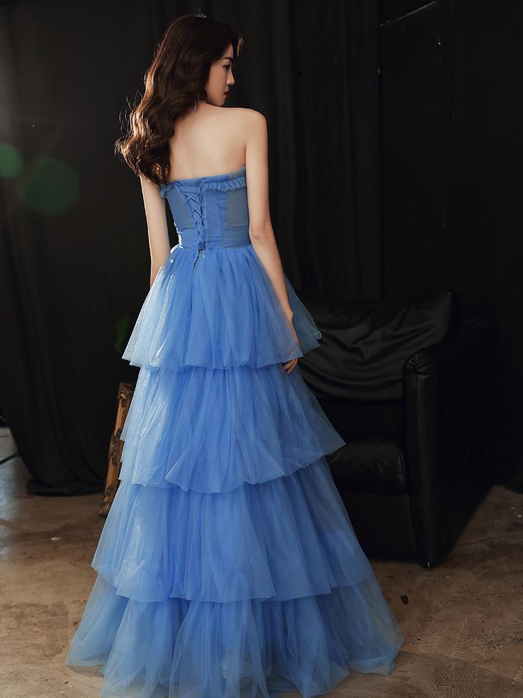 Blue A Line Tulle Evening Ball Gown Sweetheart Strapless Layered Prom Dress 303