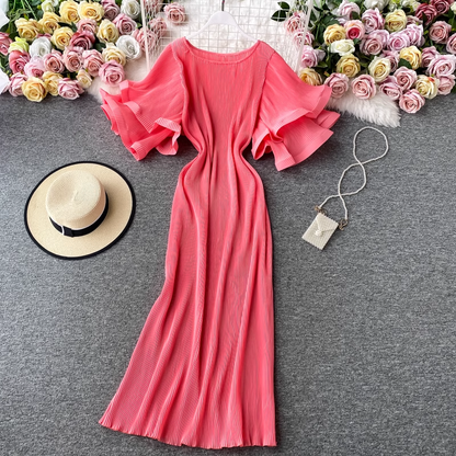 Ruffle Sleeve Loose Mid-length Pleated Dress Womens Summer Dress 852