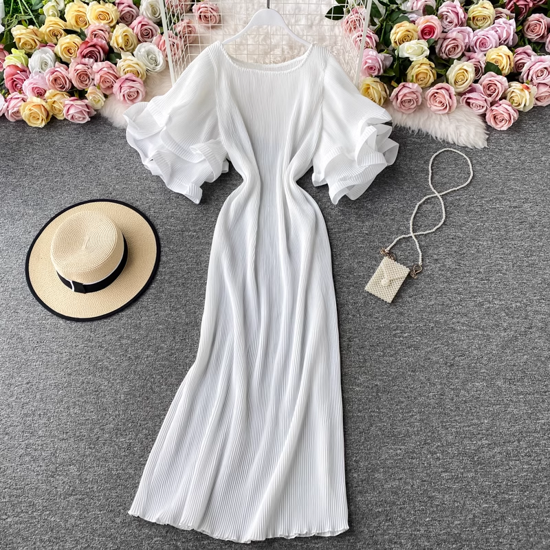Ruffle Sleeve Loose Mid-length Pleated Dress Womens Summer Dress 852