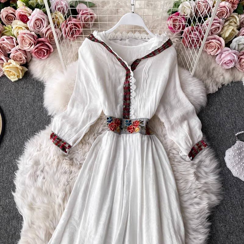 Embroidered V-neck Dress Ruffle Trim Long Skirt 857