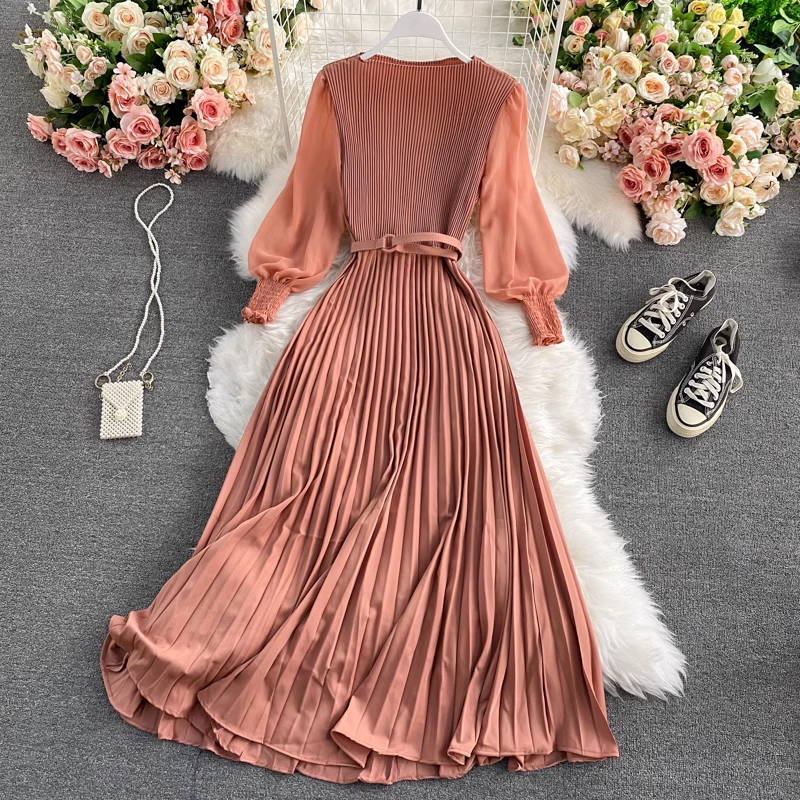 High Waist Round Neck Dress Spring and Autumn New Big Swing Pleated Long Skirt 860