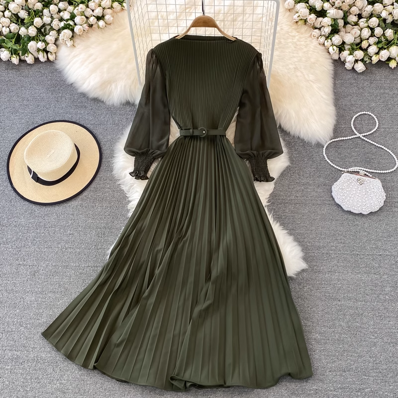 High Waist Round Neck Dress Spring and Autumn New Big Swing Pleated Long Skirt 860