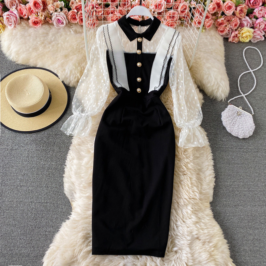 Summer New Tulle Sheath  Dress Black Long Sleeves Elegant Dress  865