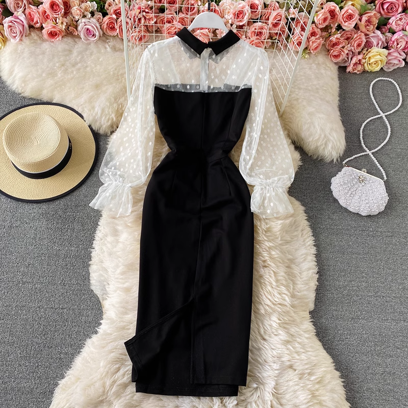 Summer New Tulle Sheath  Dress Black Long Sleeves Elegant Dress  865