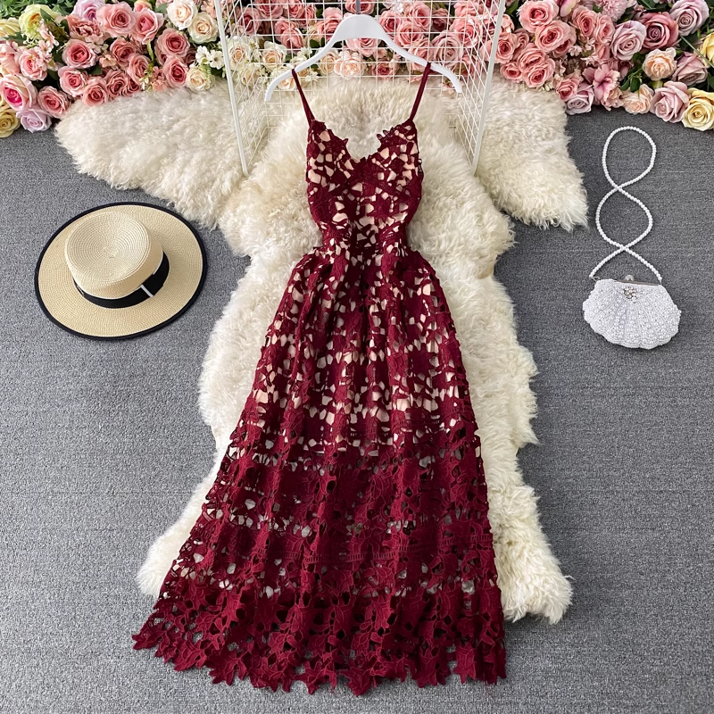 Spaghetti Strap Hollow Lace Dress Women  Summer Dress  869