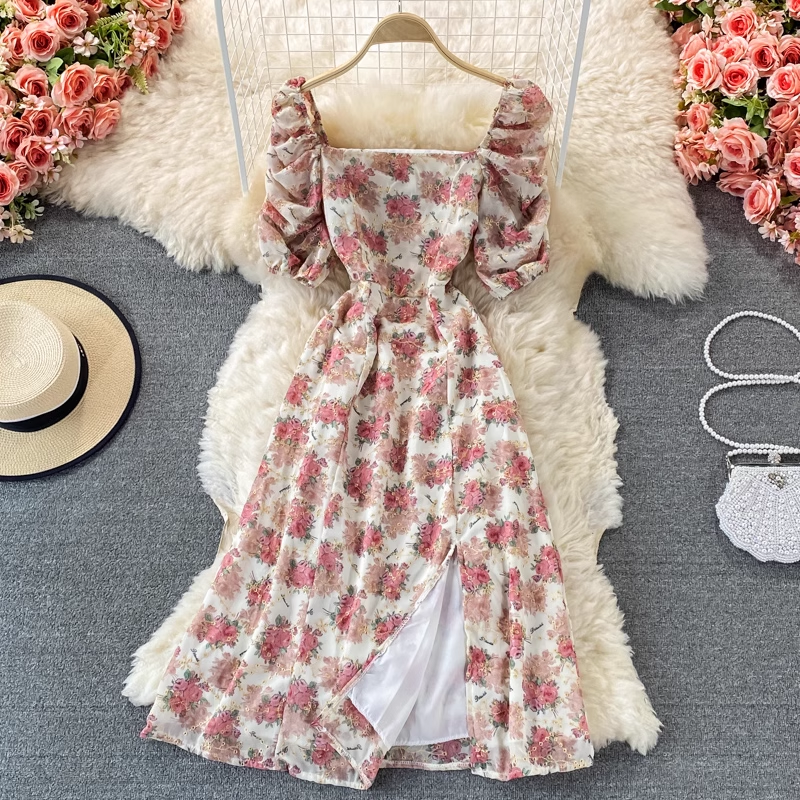French Retro Sweet Floral Dress Chiffon Square Neck Dress 872