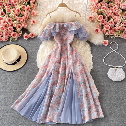 Mesh Off-the-shoulder Dress with Large Swing Summer Floral Dress 877