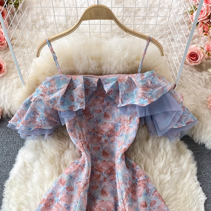 Mesh Off-the-shoulder Dress with Large Swing Summer Floral Dress 877