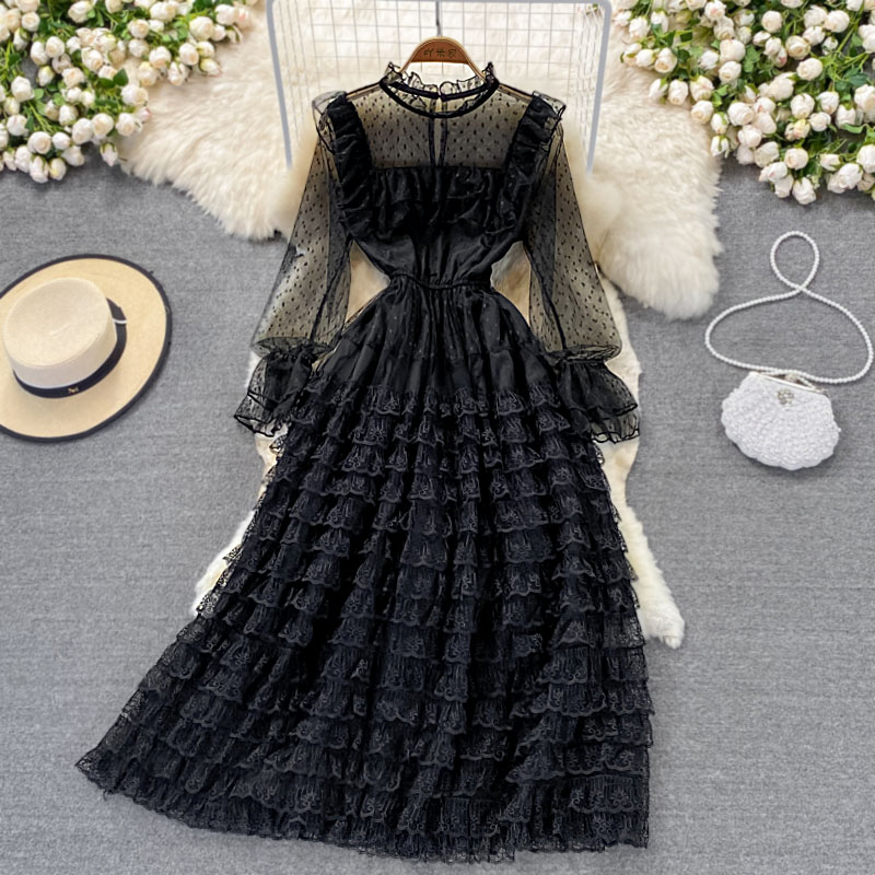 Retro Layered Mesh Fluffy Skirt Stand Collar Elegant High Waist Dress 879