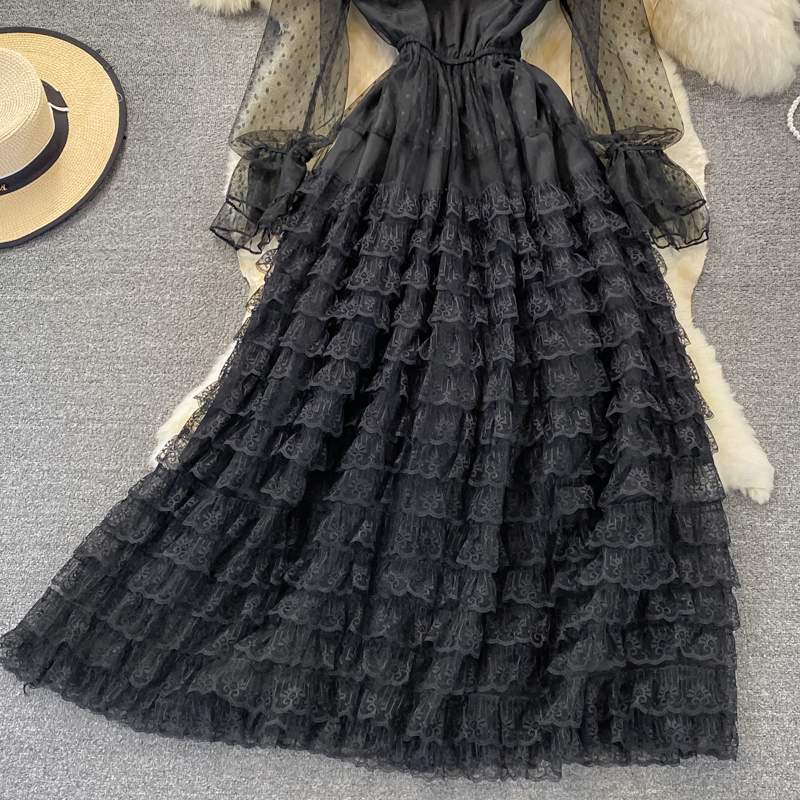 Retro Layered Mesh Fluffy Skirt Stand Collar Elegant High Waist Dress 879