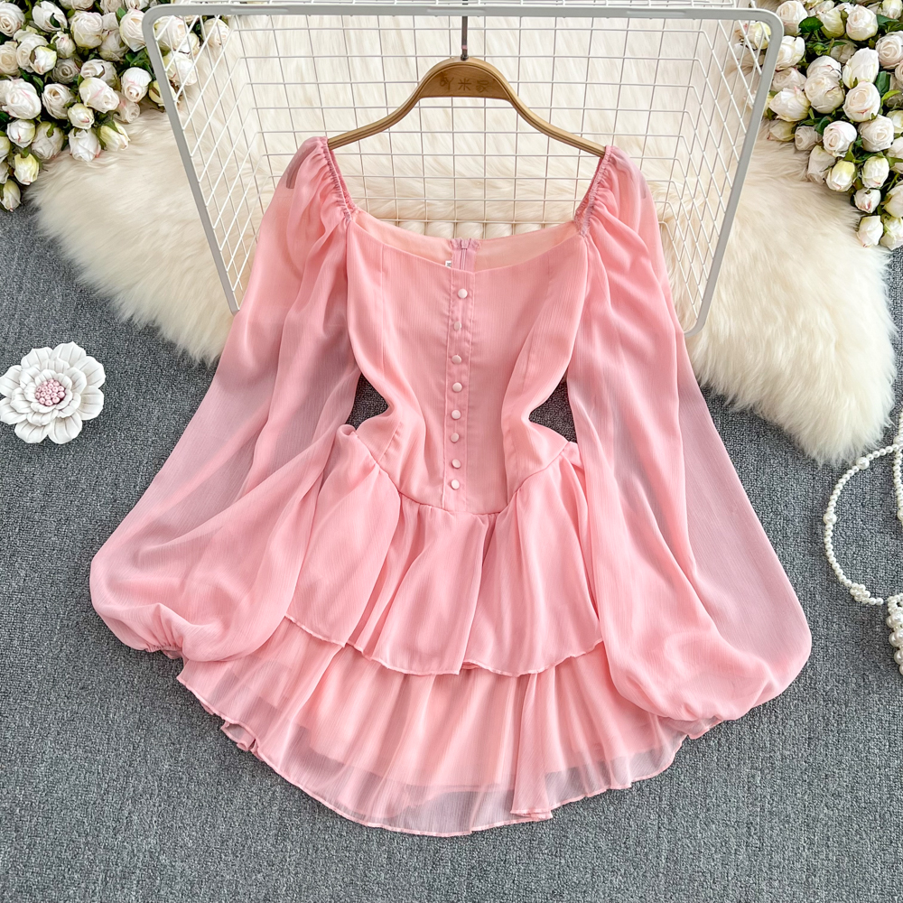 Square Neck Chiffon Dress Puff Sleeve Princess Cake Dress 884