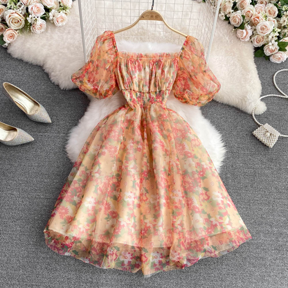 French Square Collar Floral Dress Summer Retro Sweet Skirt 885