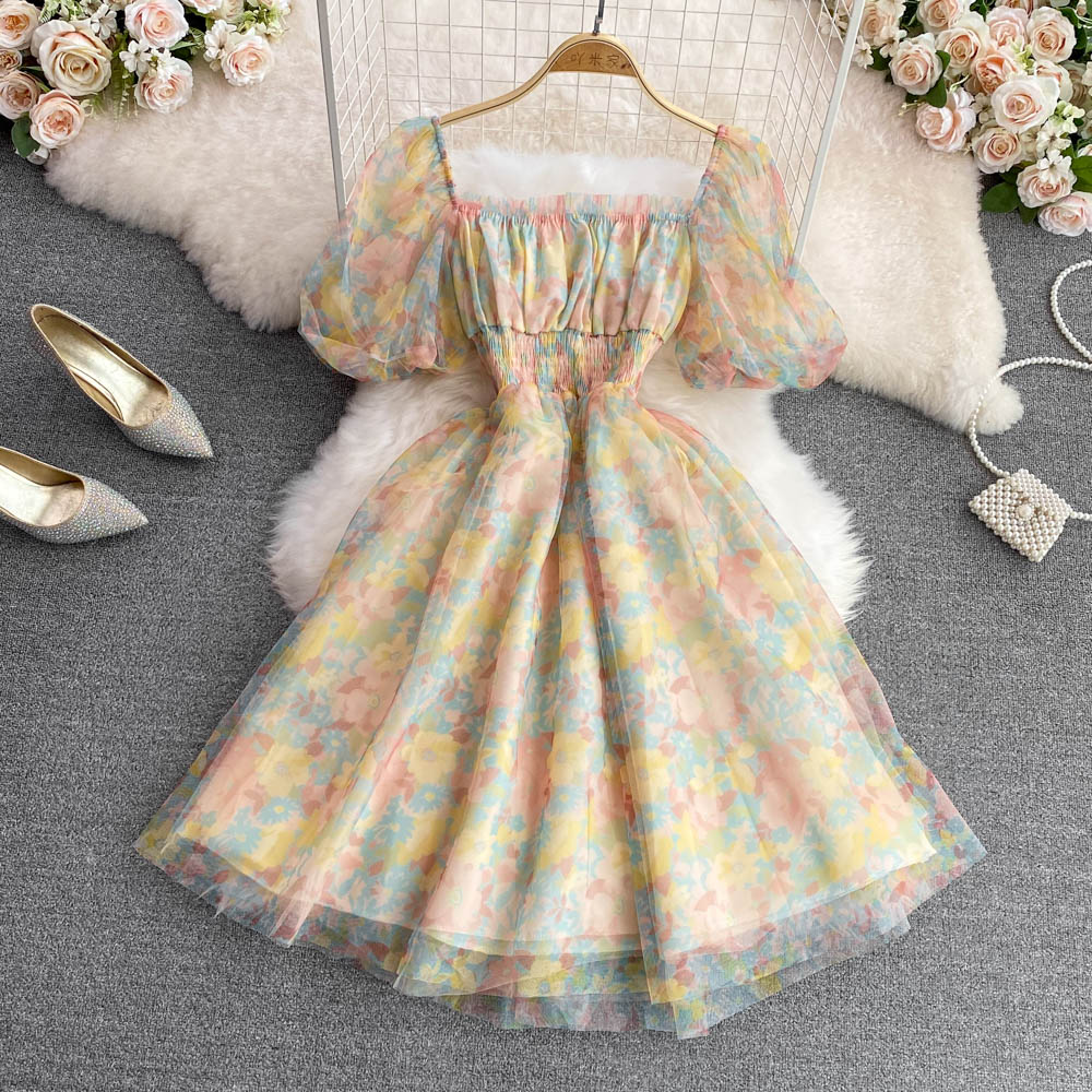 French Square Collar Floral Dress Summer Retro Sweet Skirt 885