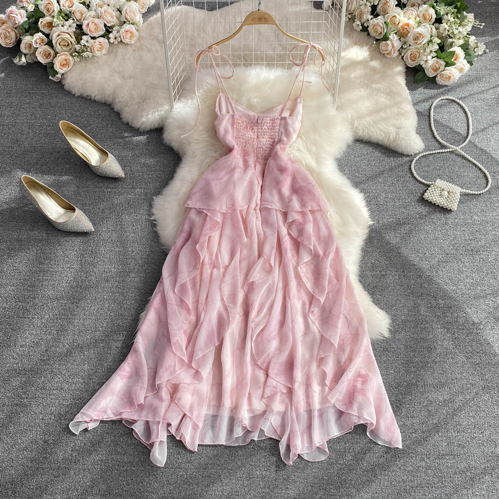Pink Floral Thin Shoulder Strap Dress Summer French A-Line Ruffled Dress 887
