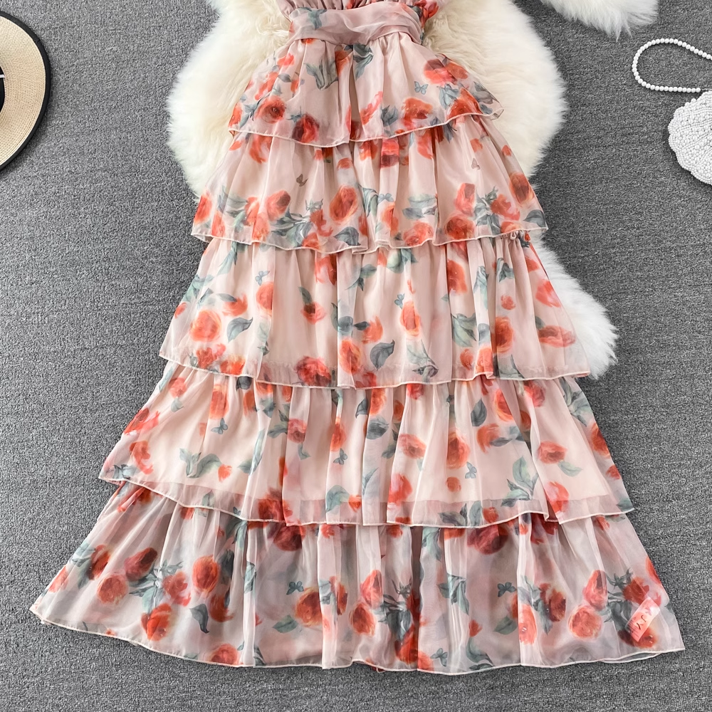 Summer Floral Dress French Fairy Sweet A-Line Chiffon Dress 888