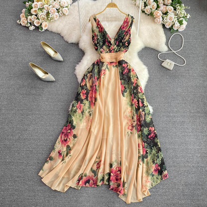 Elegant V-neck Dress Flower Printed A-line Swing Dress for Women 892