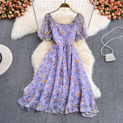 Summer Mid-length V-neck Chiffon Dress Fairy Floral Skirt 893