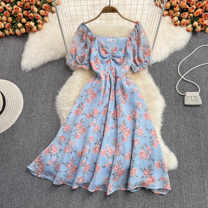 Summer Mid-length V-neck Chiffon Dress Fairy Floral Skirt 893