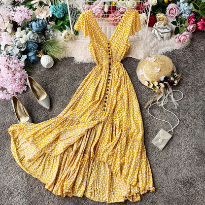 Fairy Floral Dress Open Back Pleated Long Skirt 894