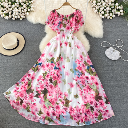 Summer Ruffled Off Shoulder Flower Printed Dress with Slit Chiffon Dress 896