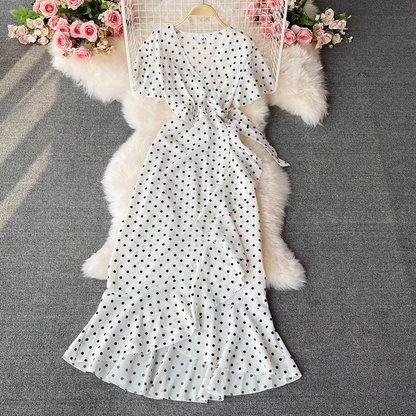 Summer Elegant V-neck Ruffled Floral Chiffon Dress Short-sleeved Long Skirt 897