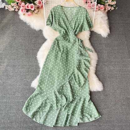 Summer Elegant V-neck Ruffled Floral Chiffon Dress Short-sleeved Long Skirt 897
