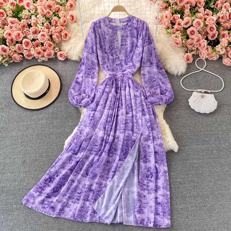 Fairy Round Neck Slit Dress French Vintage Printed Chiffon Long Dress 900
