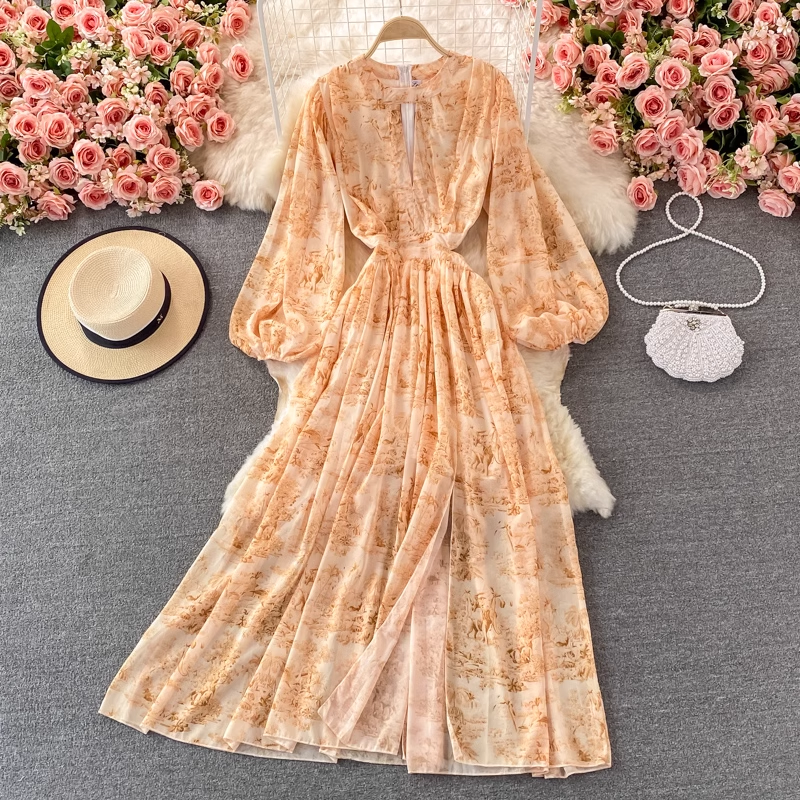 Fairy Round Neck Slit Dress French Vintage Printed Chiffon Long Dress 900
