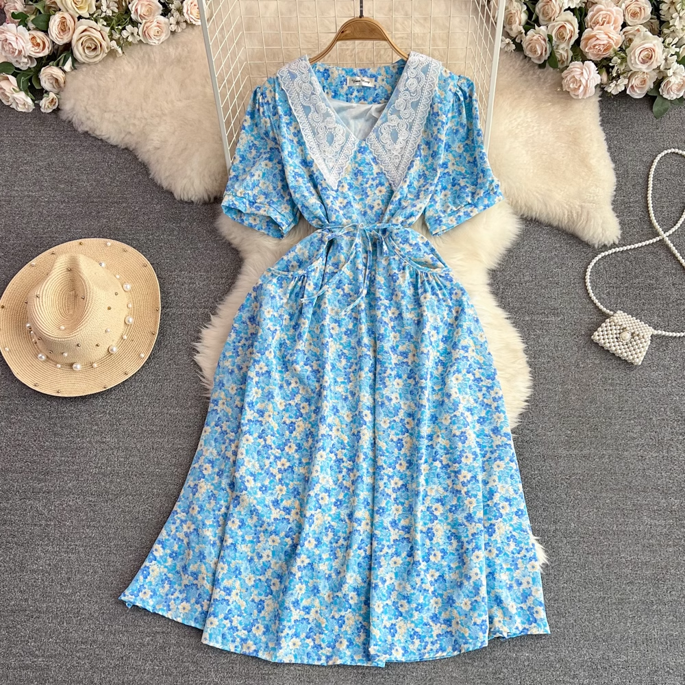 Women's French Mid Length A Line Floral Dress Summer Cute Printed Dress 901