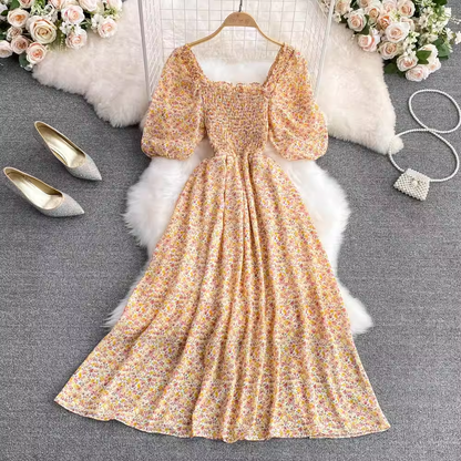 Square Neck Floral Chiffon Skirt Summer A-line Dress 903