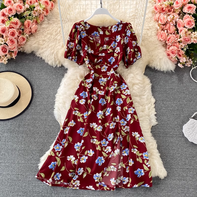 Summer Retro V-neck Floral Dress Puff Sleeves Slit Mid-length A-line Skirt 906