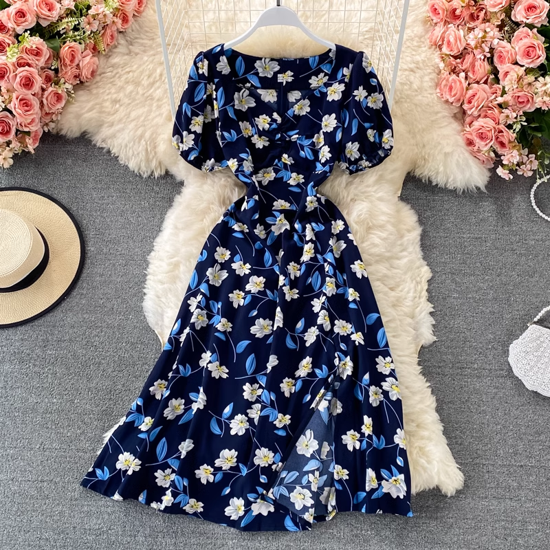 Summer Retro V-neck Floral Dress Puff Sleeves Slit Mid-length A-line Skirt 906