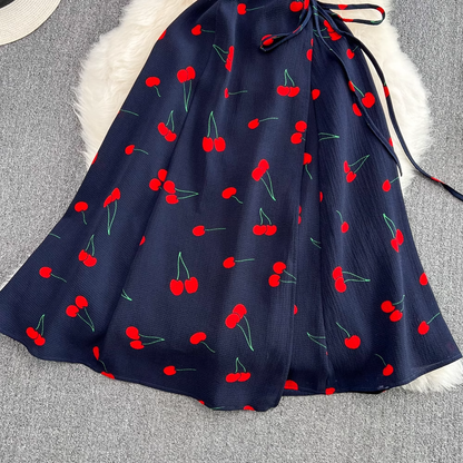 Cherry Print V-neck Dress Short-sleeved Summer French A-line Dress 907