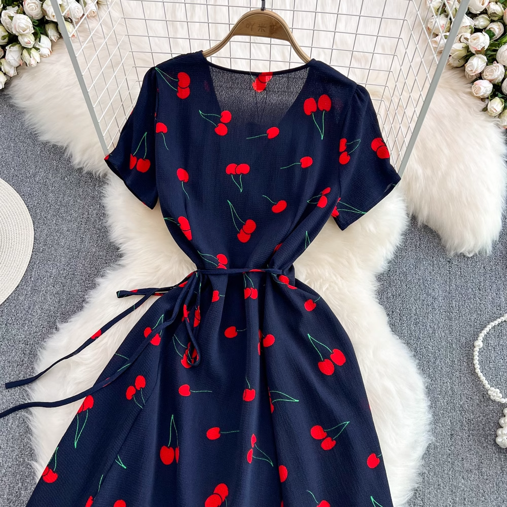 Cherry Print V-neck Dress Short-sleeved Summer French A-line Dress 907