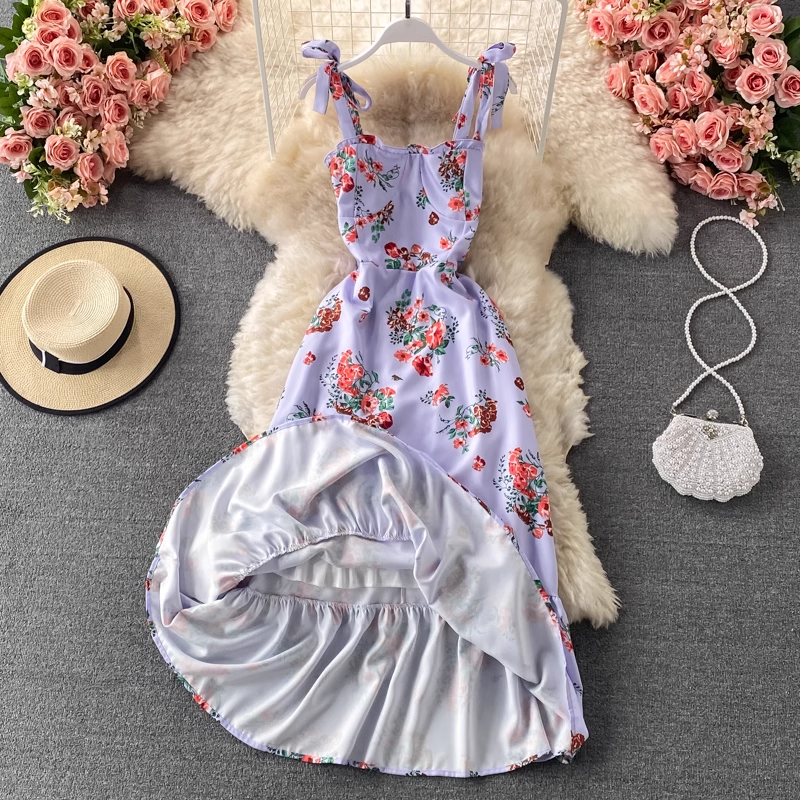 Summer Bowknot Floral Dress Mid-length Ruffles Dress 910