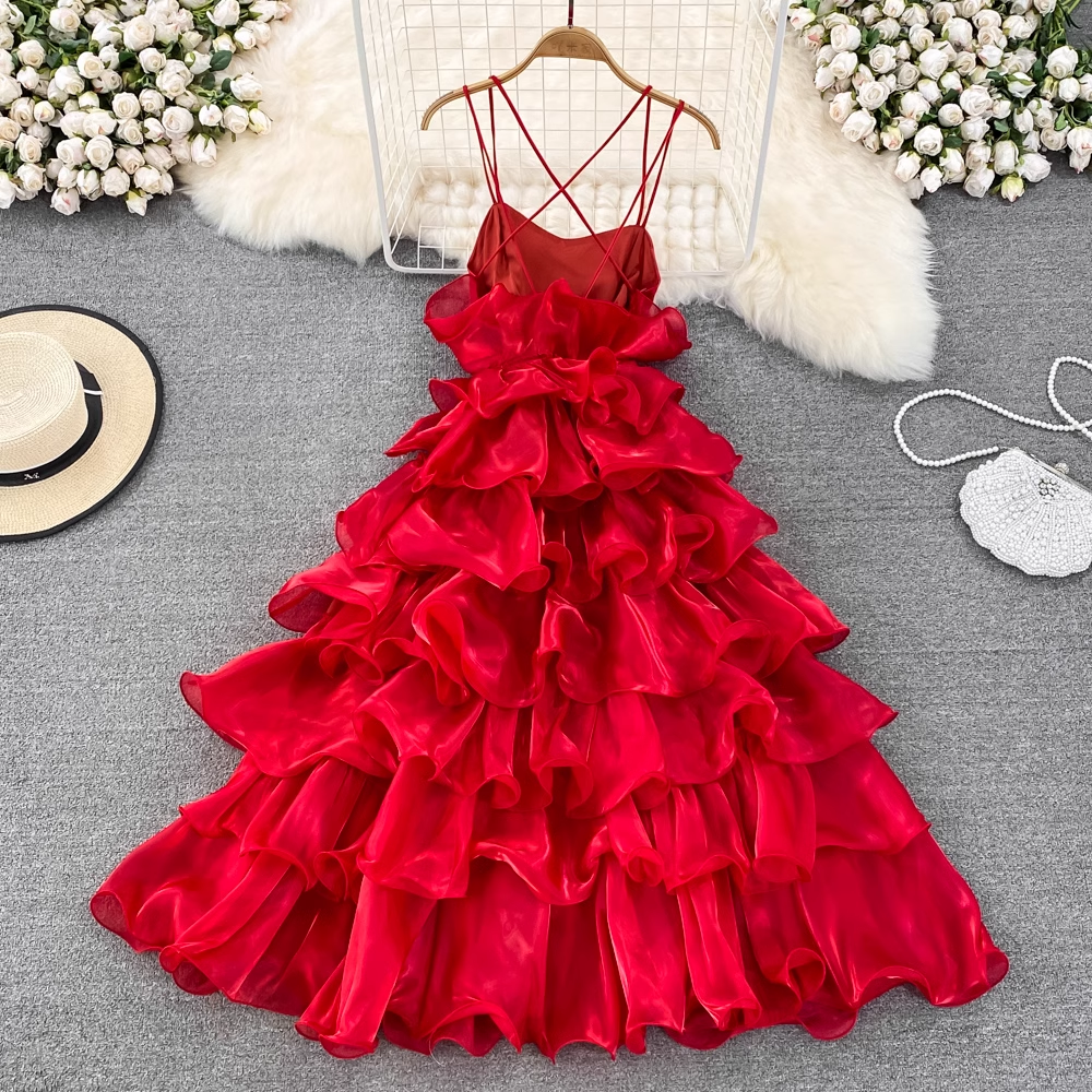 Fairy Spaghetti Strap Dress Retro A-line Ruffle Cake Dress Summer  913