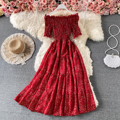Off-the-shoulder Chiffon Dress High Waist A-line Floral Skirt 918