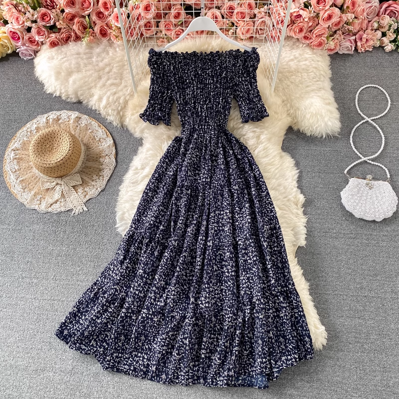 Off-the-shoulder Chiffon Dress High Waist A-line Floral Skirt 918